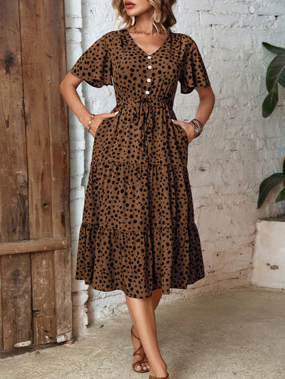 EMERY ROSE Dalmatian Print Knot Front Ruffle Hem Dress Maxi Women Outfit