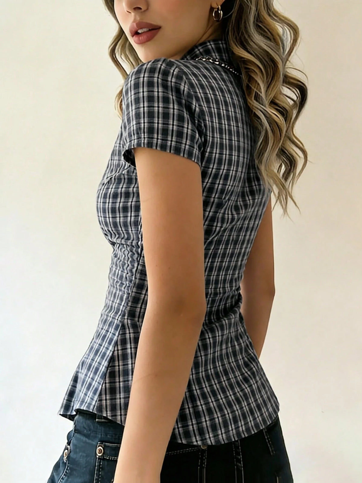 EMERY ROSE Light Yellow Fine Plaid Collared Short Sleeve Shirt