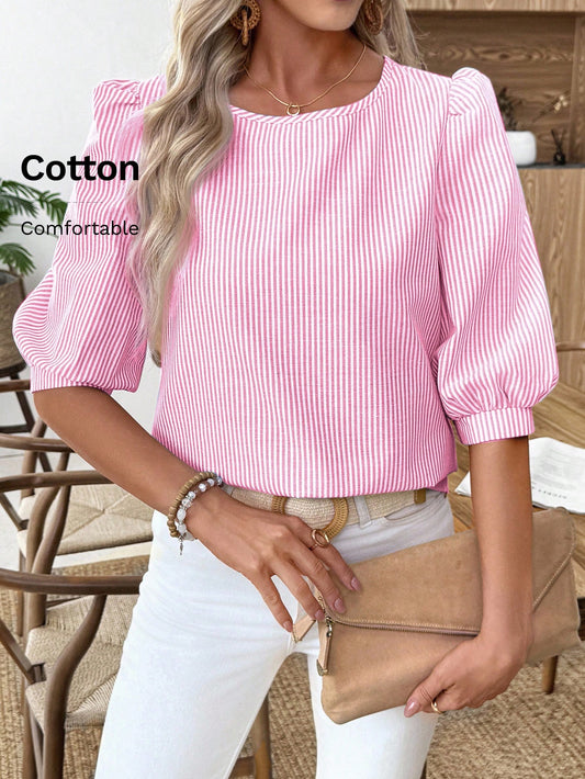 EMERY ROSE Pink Stripe Puff Sleeve Blouse With Button Detail And Round Neck For Casual Wear Striped Top Summer