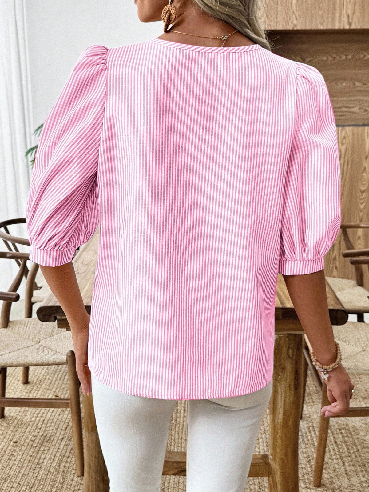 EMERY ROSE Pink Stripe Puff Sleeve Blouse With Button Detail And Round Neck For Casual Wear Striped Top Summer