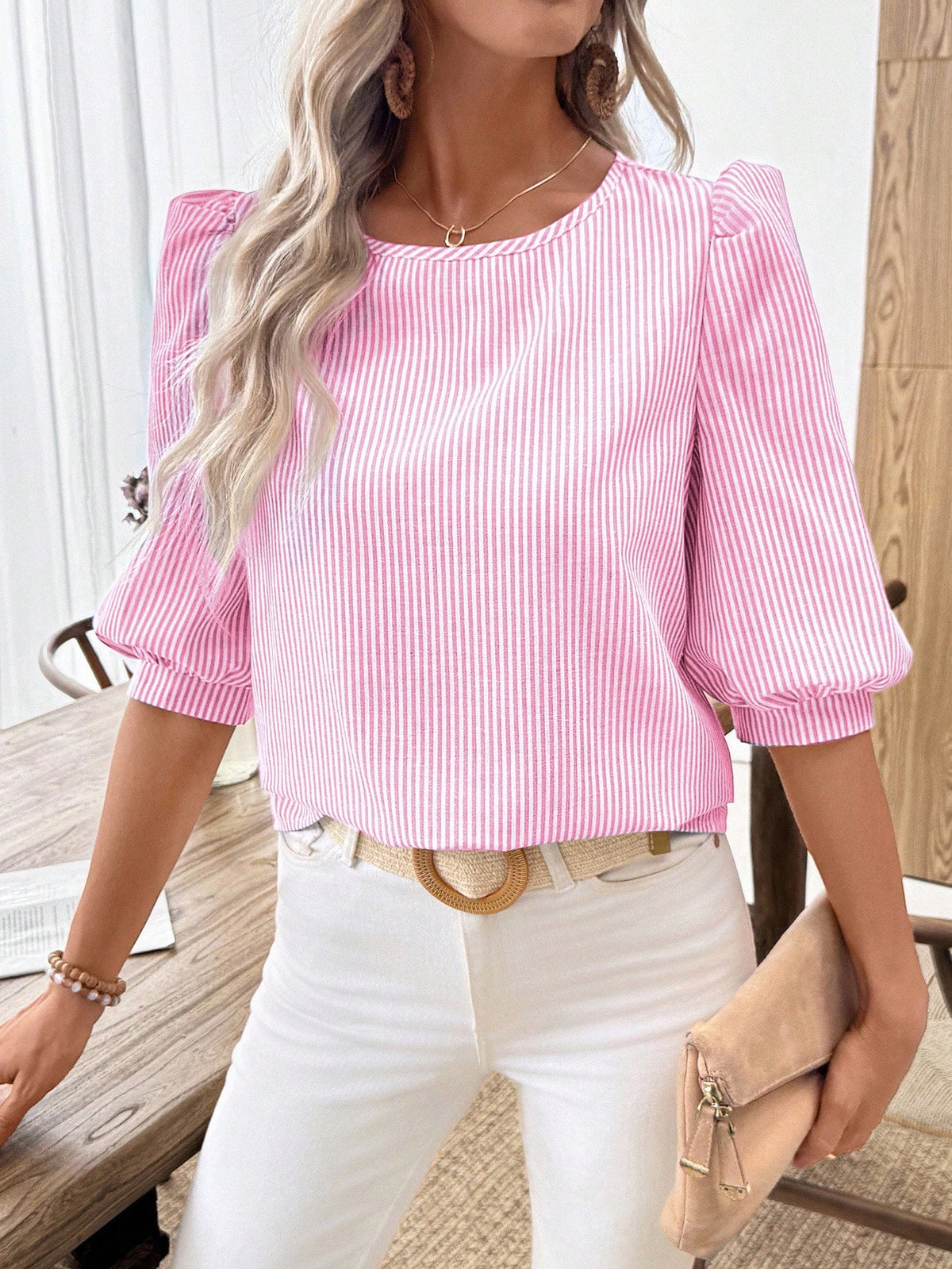 EMERY ROSE Pink Stripe Puff Sleeve Blouse With Button Detail And Round Neck For Casual Wear Striped Top Summer