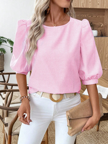EMERY ROSE Pink Stripe Puff Sleeve Blouse With Button Detail And Round Neck For Casual Wear Striped Top Summer