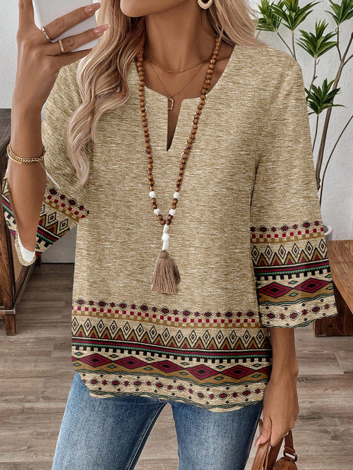 EMERY ROSE Plus Size Geometric Print Cutout Neck Casual Vacation Shirt Bohemian Tops Boho Blouses Fall Women For Women,Flower/Spring/Summer