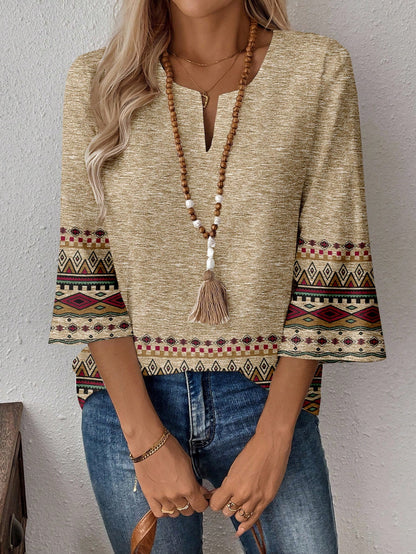 EMERY ROSE Plus Size Geometric Print Cutout Neck Casual Vacation Shirt Bohemian Tops Boho Blouses Fall Women For Women,Flower/Spring/Summer