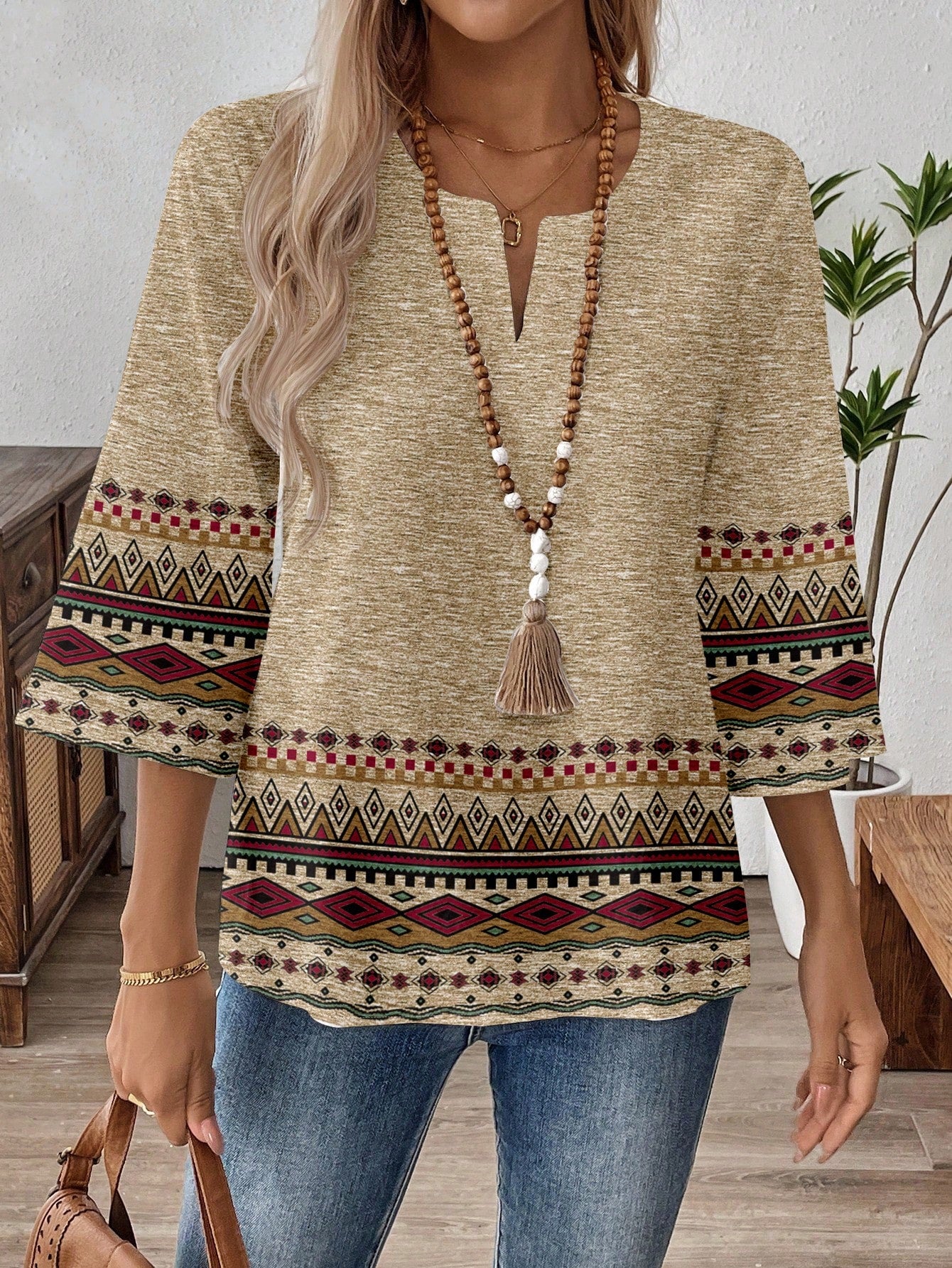EMERY ROSE Plus Size Geometric Print Cutout Neck Casual Vacation Shirt Bohemian Tops Boho Blouses Fall Women For Women,Flower/Spring/Summer