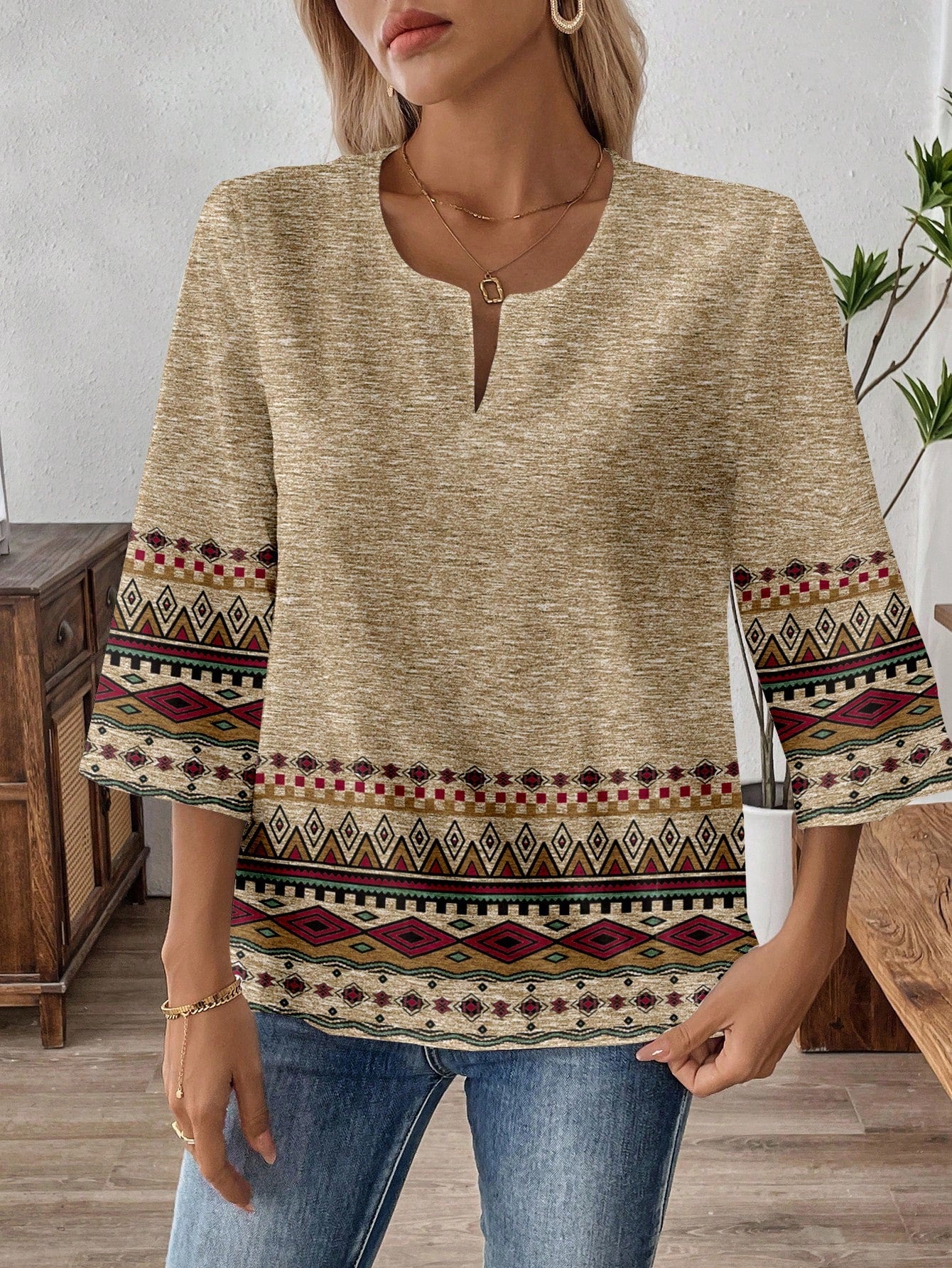 EMERY ROSE Plus Size Geometric Print Cutout Neck Casual Vacation Shirt Bohemian Tops Boho Blouses Fall Women For Women,Flower/Spring/Summer