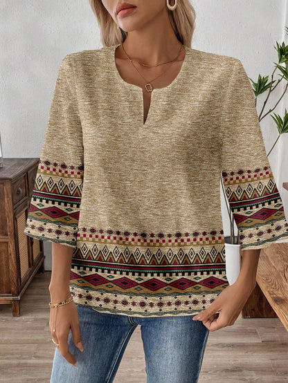 EMERY ROSE Plus Size Geometric Print Cutout Neck Casual Vacation Shirt Bohemian Tops Boho Blouses Fall Women For Women,Flower/Spring/Summer