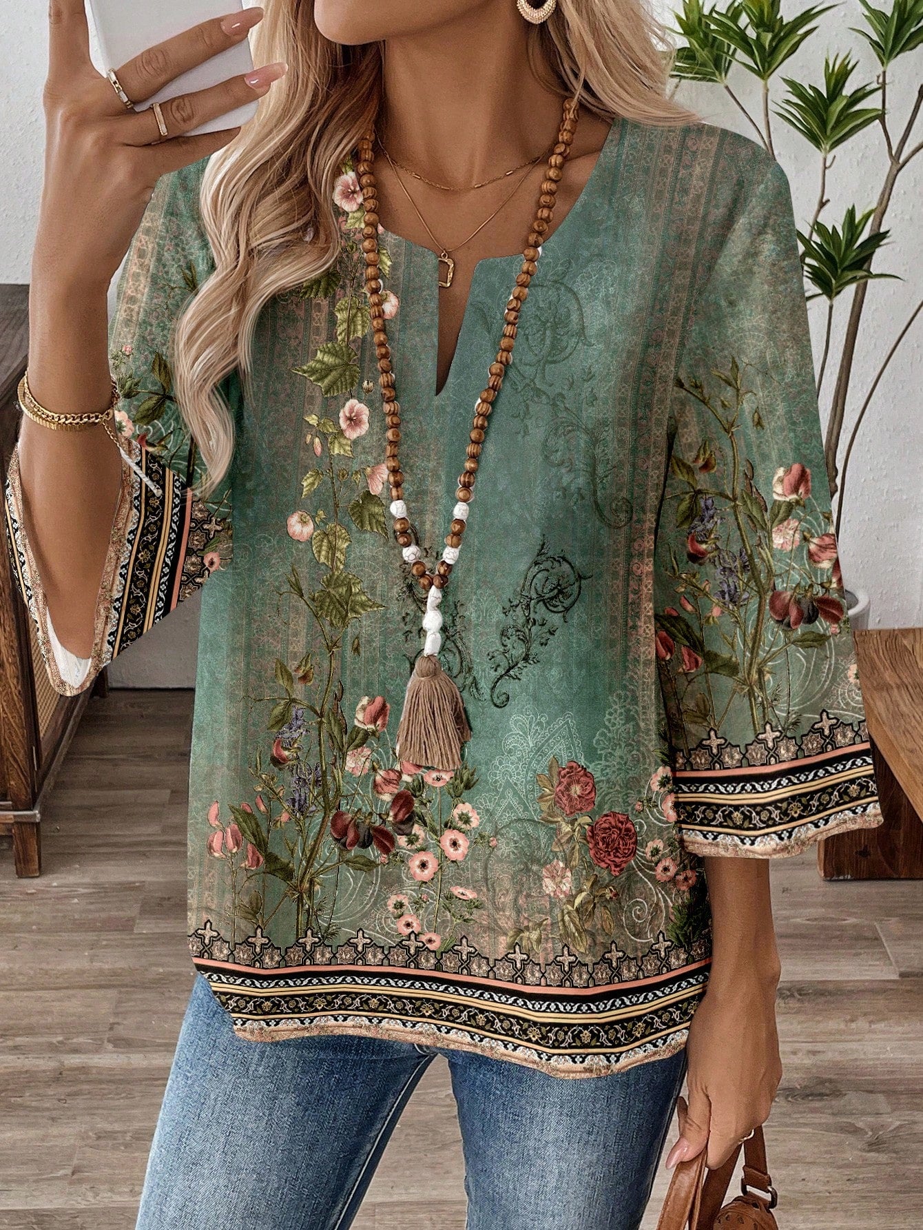 EMERY ROSE Plus Size Geometric Print Cutout Neck Casual Vacation Shirt Bohemian Tops Boho Blouses Fall Women For Women,Flower/Spring/Summer