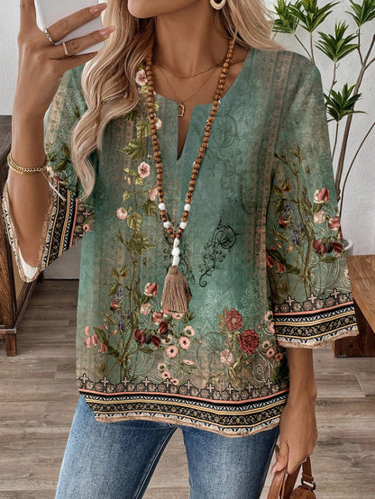 EMERY ROSE Plus Size Geometric Print Cutout Neck Casual Vacation Shirt Bohemian Tops Boho Blouses Fall Women For Women,Flower/Spring/Summer