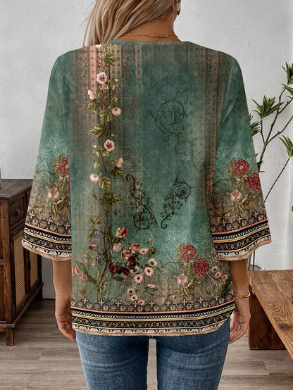 EMERY ROSE Plus Size Geometric Print Cutout Neck Casual Vacation Shirt Bohemian Tops Boho Blouses Fall Women For Women,Flower/Spring/Summer