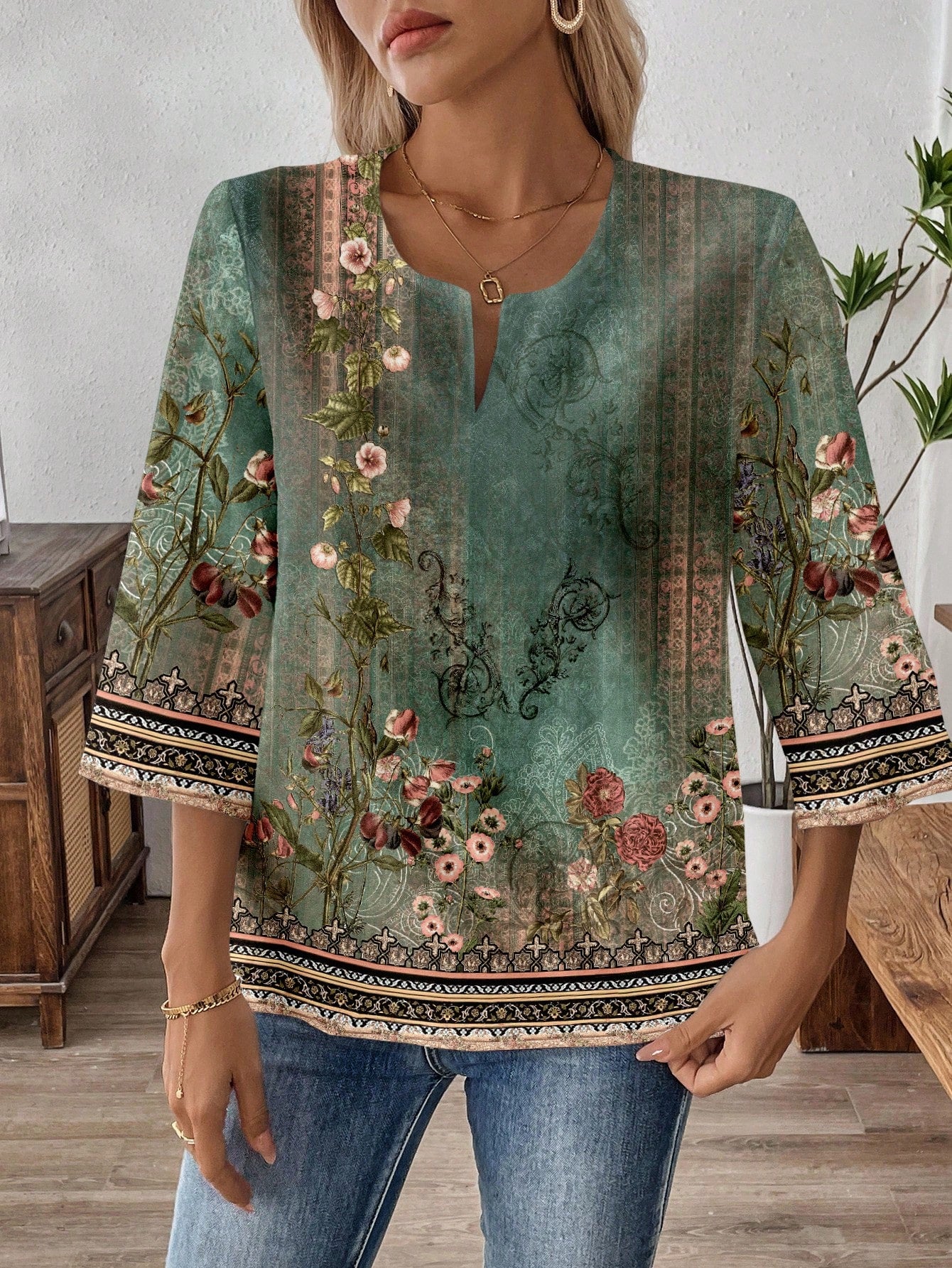 EMERY ROSE Plus Size Geometric Print Cutout Neck Casual Vacation Shirt Bohemian Tops Boho Blouses Fall Women For Women,Flower/Spring/Summer