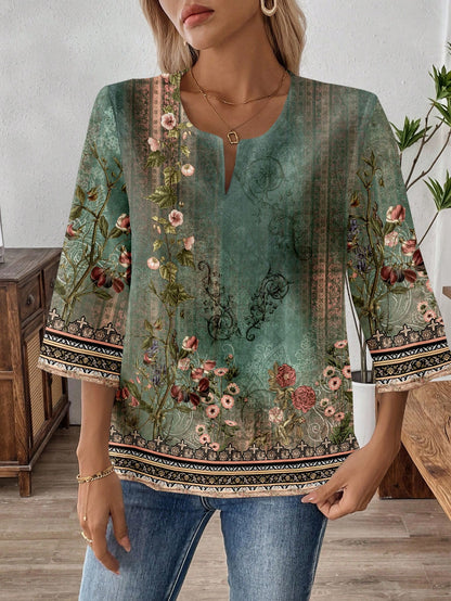 EMERY ROSE Plus Size Geometric Print Cutout Neck Casual Vacation Shirt Bohemian Tops Boho Blouses Fall Women For Women,Flower/Spring/Summer