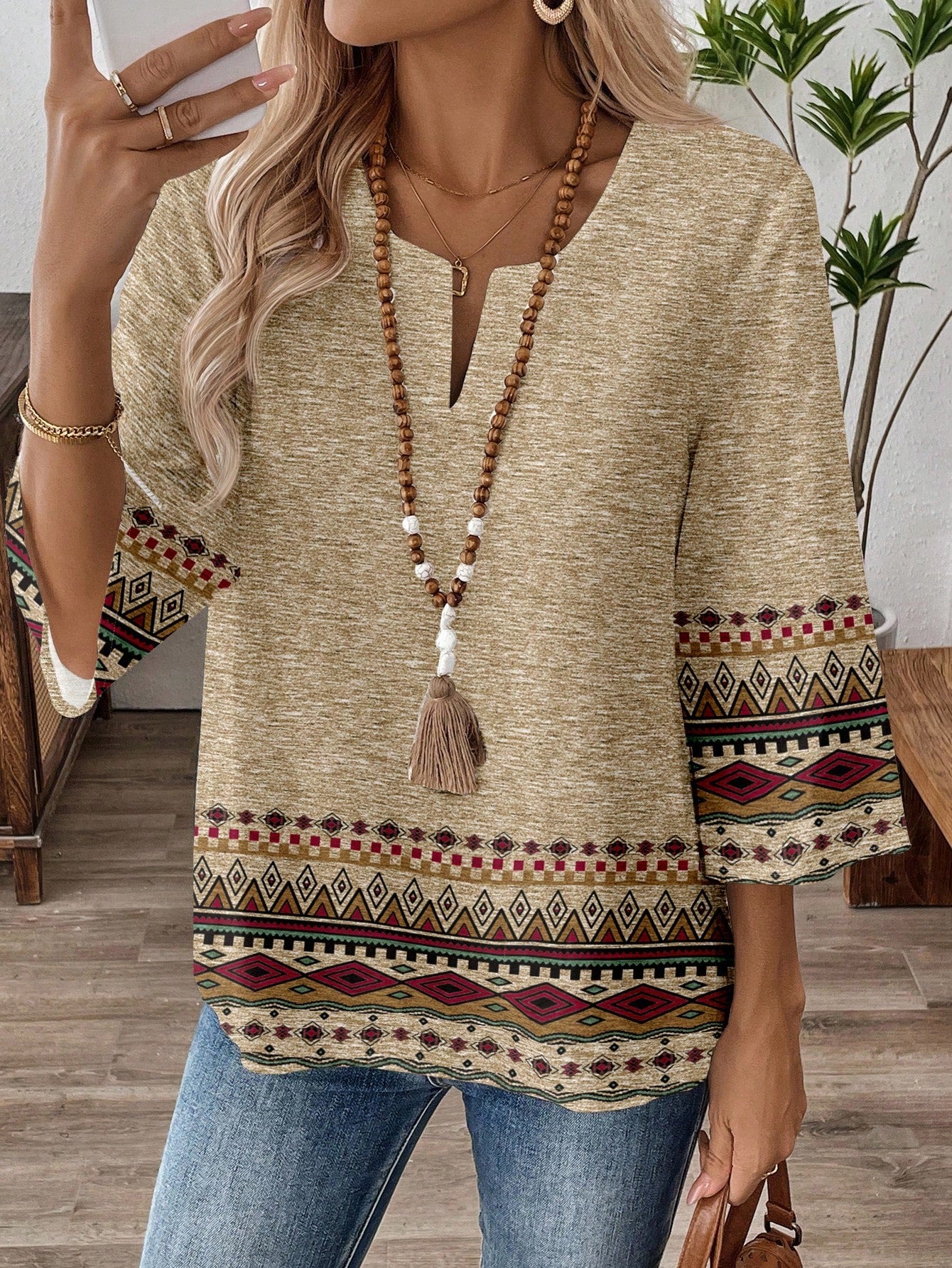 EMERY ROSE Plus Size Geometric Print Cutout Neck Casual Vacation Shirt Bohemian Tops Boho Blouses Fall Women For Women,Flower/Spring/Summer