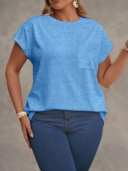EMERY ROSE Plus Size Heather Light Blue Round Neck Dolman Batwing Short Sleeve Chest Pocket Loose Fit Basic Summer Casual T-Shirt Tee Top