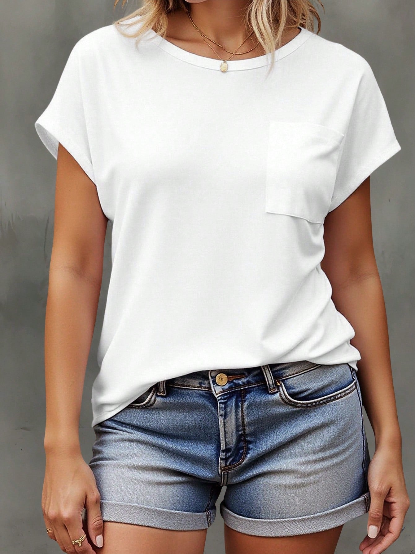 EMERY ROSE Plus Size Heather Light Blue Round Neck Dolman Batwing Short Sleeve Chest Pocket Loose Fit Basic Summer Casual T-Shirt Tee Top