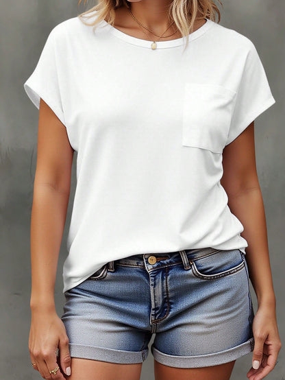 EMERY ROSE Plus Size Heather Light Blue Round Neck Dolman Batwing Short Sleeve Chest Pocket Loose Fit Basic Summer Casual T-Shirt Tee Top