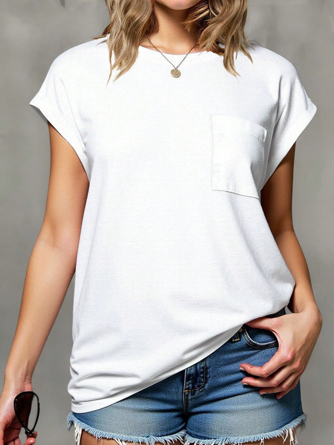 EMERY ROSE Plus Size Heather Light Blue Round Neck Dolman Batwing Short Sleeve Chest Pocket Loose Fit Basic Summer Casual T-Shirt Tee Top