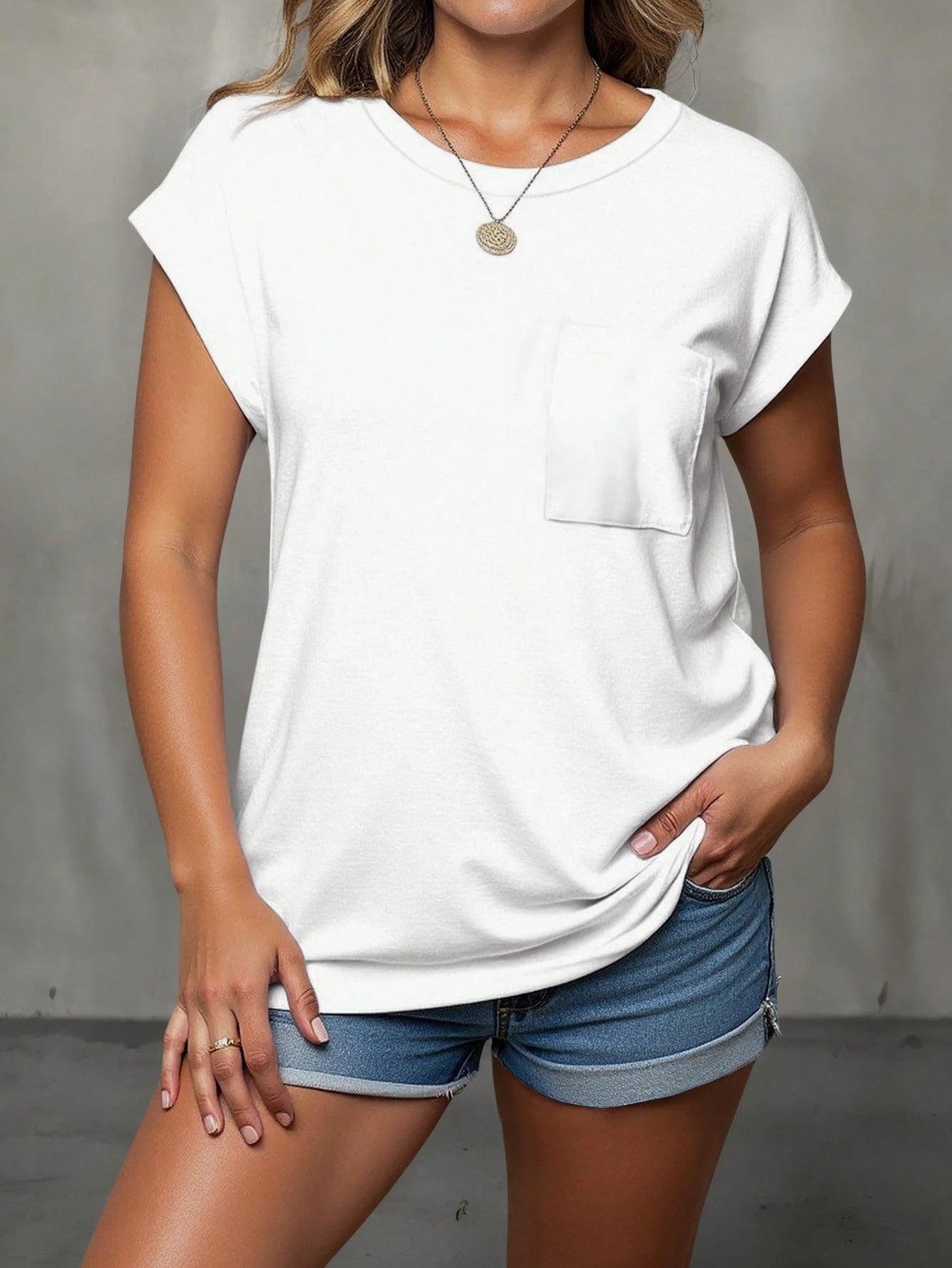EMERY ROSE Plus Size Heather Light Blue Round Neck Dolman Batwing Short Sleeve Chest Pocket Loose Fit Basic Summer Casual T-Shirt Tee Top