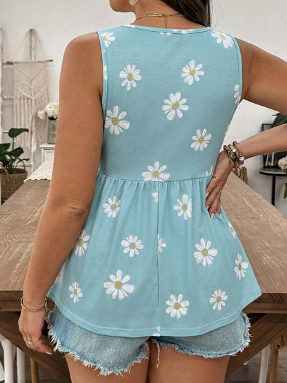 EMERY ROSE Plus Size Women Floral Print Button Design Casual Tank Top, Suitable For Summer Women's Summer Outfits Pretty Tops For Women Women's Tops For Summer Summer Casual Tops Tops For Women Summer