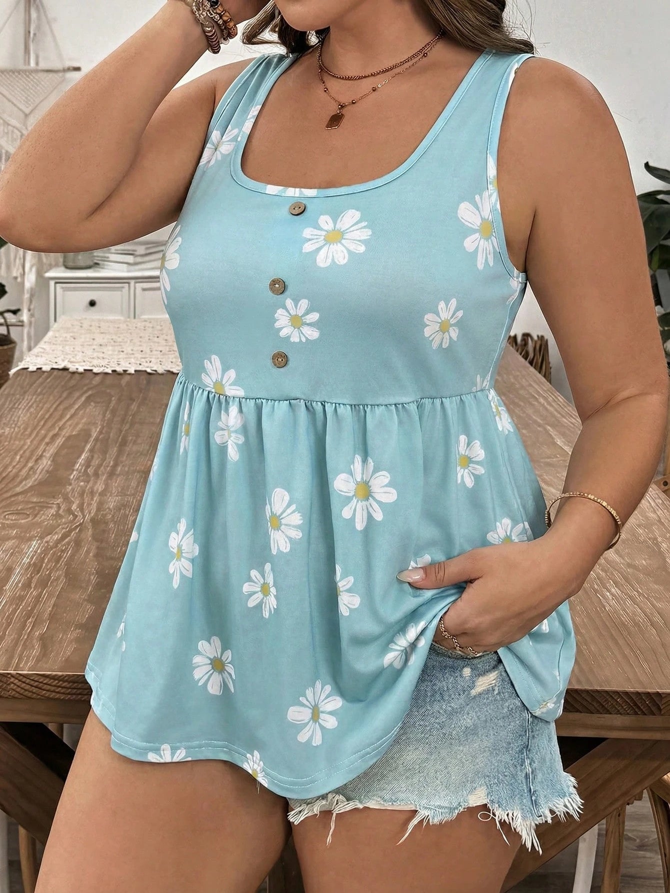 EMERY ROSE Plus Size Women Floral Print Button Design Casual Tank Top, Suitable For Summer Women's Summer Outfits Pretty Tops For Women Women's Tops For Summer Summer Casual Tops Tops For Women Summer