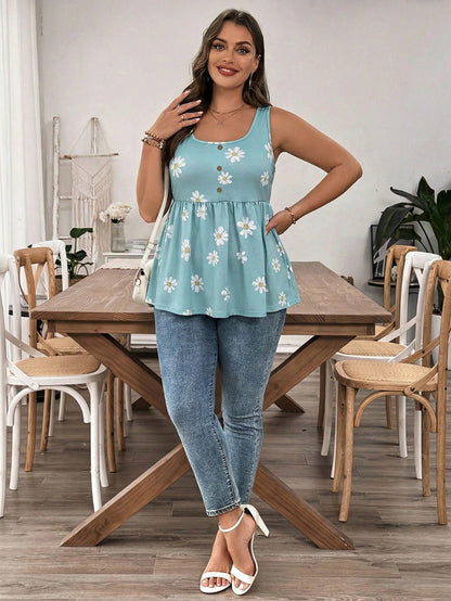 EMERY ROSE Plus Size Women Floral Print Button Design Casual Tank Top, Suitable For Summer Women's Summer Outfits Pretty Tops For Women Women's Tops For Summer Summer Casual Tops Tops For Women Summer