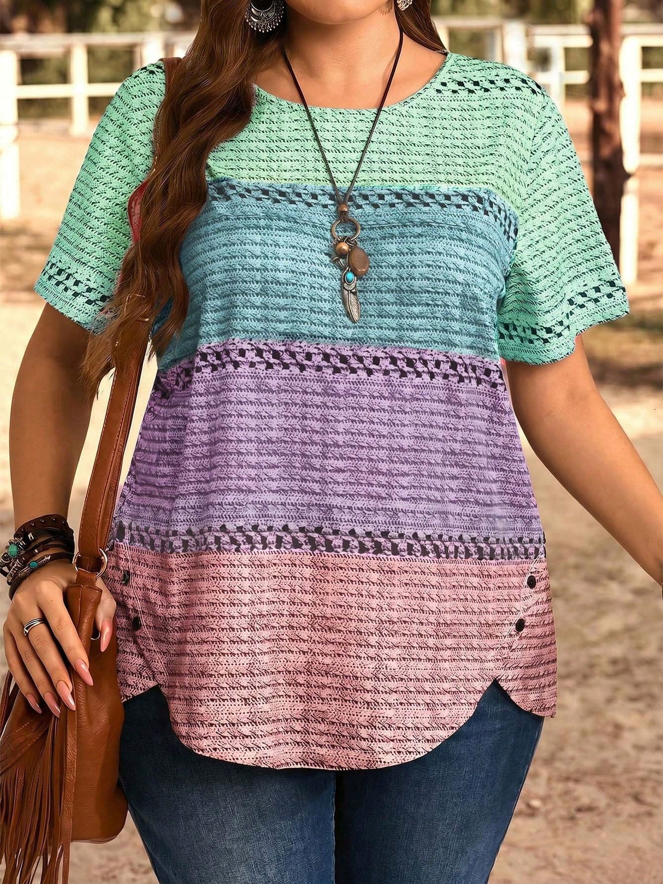 EMERY ROSE Plus Size Women Round Neck Color Block Casual Everyday Short Sleeve T-Shirt