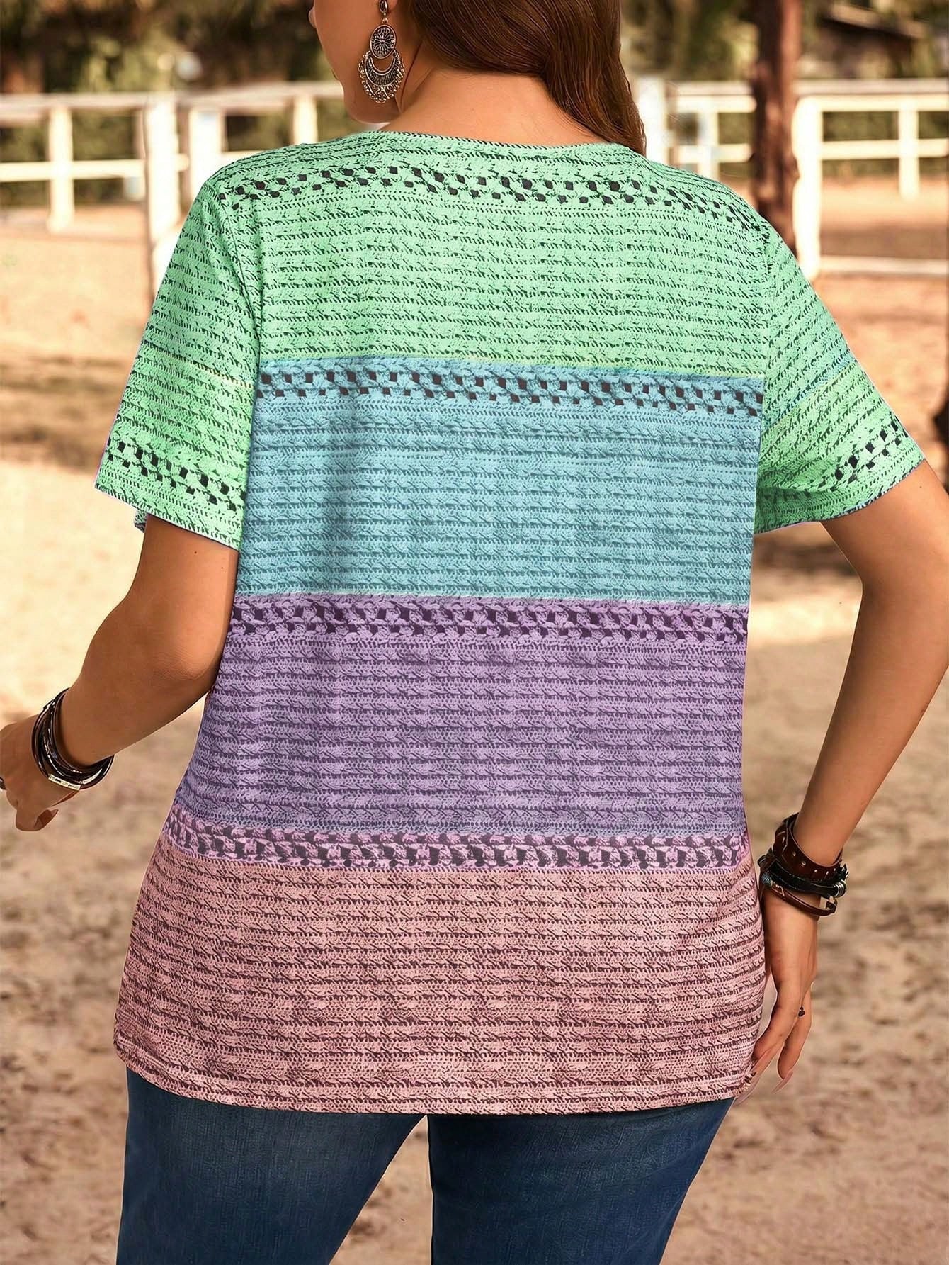 EMERY ROSE Plus Size Women Round Neck Color Block Casual Everyday Short Sleeve T-Shirt