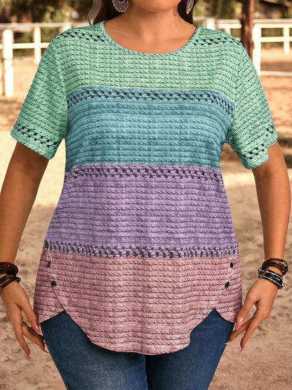 EMERY ROSE Plus Size Women Round Neck Color Block Casual Everyday Short Sleeve T-Shirt
