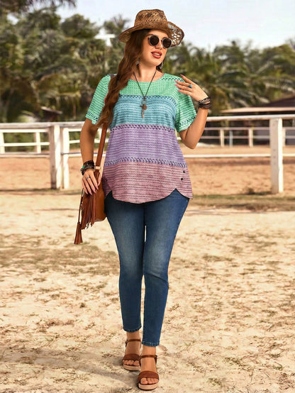 EMERY ROSE Plus Size Women Round Neck Color Block Casual Everyday Short Sleeve T-Shirt
