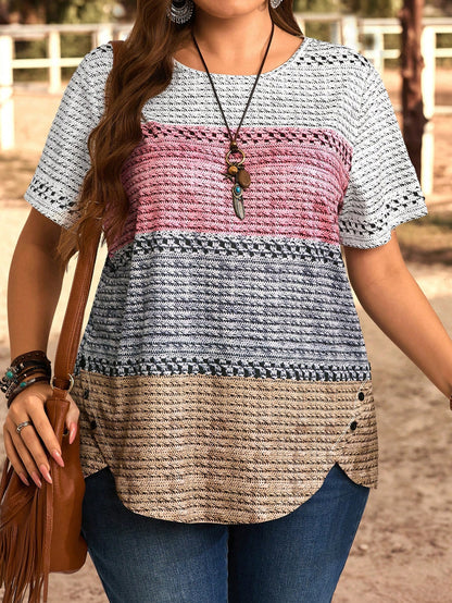 EMERY ROSE Plus Size Women Round Neck Color Block Casual Everyday Short Sleeve T-Shirt