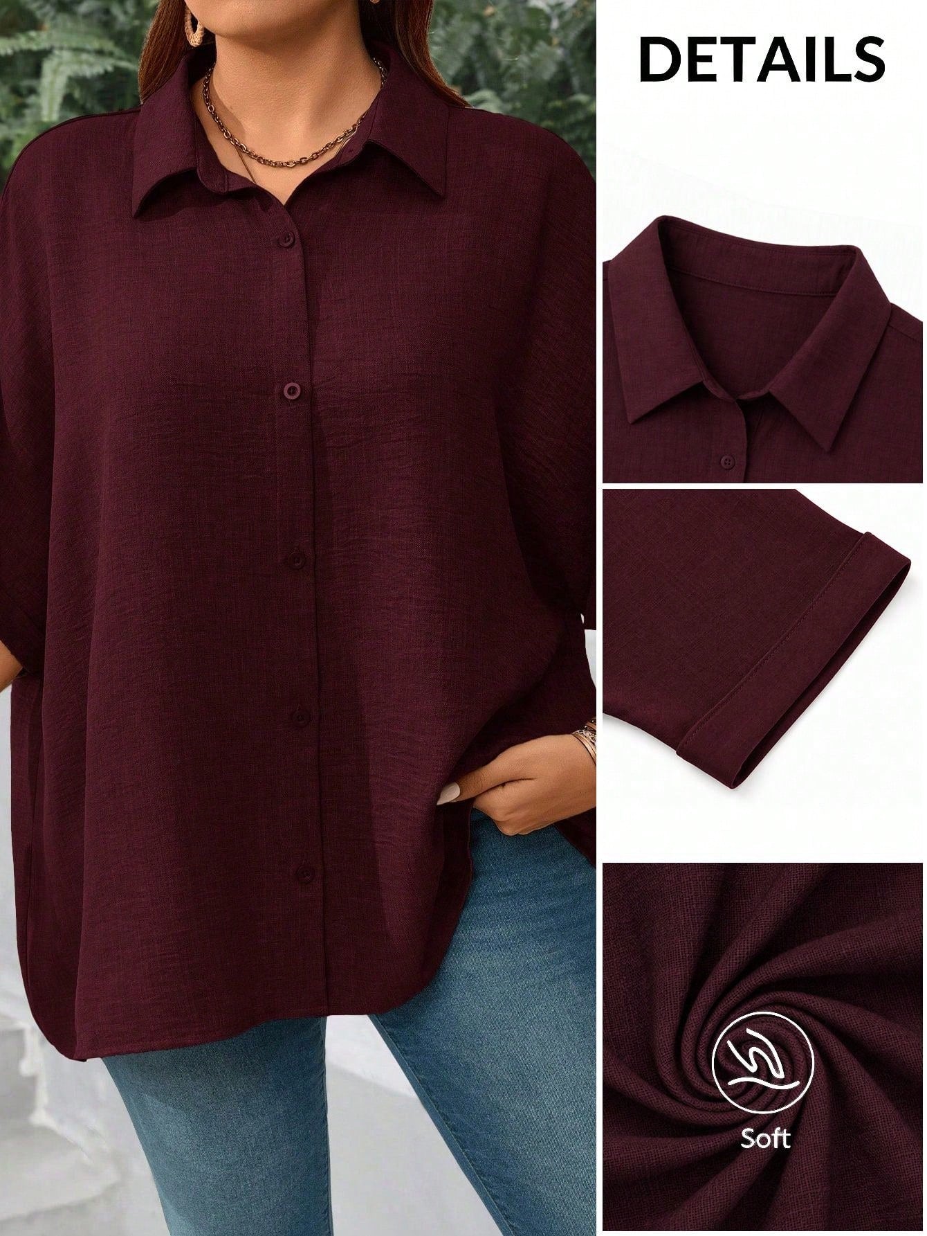 EMERY ROSE Plus Size Women's Solid Color Batwing Sleeve Loose Single-Breasted Casual Shirt,Vacation Woman,Summer Fall