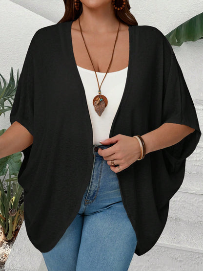 EMERY ROSE Plus Size Women Solid Color Bat-Wing Sleeve Open Front Casual Jacket Fall Clothes,Autumn,Fall Cardigans Black Kimono Summer Cardigan