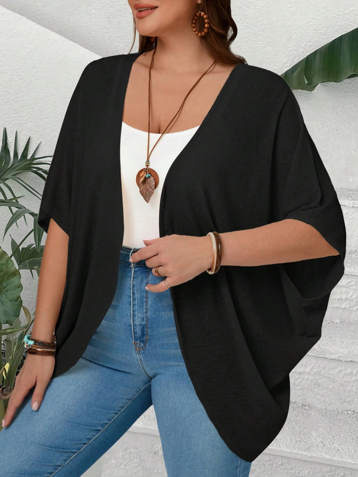 EMERY ROSE Plus Size Women Solid Color Bat-Wing Sleeve Open Front Casual Jacket Fall Clothes,Autumn,Fall Cardigans Black Kimono Summer Cardigan