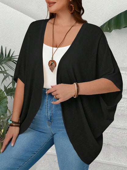 EMERY ROSE Plus Size Women Solid Color Bat-Wing Sleeve Open Front Casual Jacket Fall Clothes,Autumn,Fall Cardigans Black Kimono Summer Cardigan