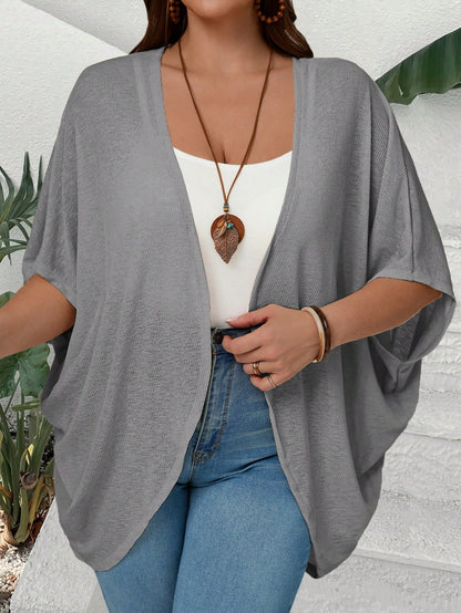 EMERY ROSE Plus Size Women Solid Color Bat-Wing Sleeve Open Front Casual Jacket Fall Clothes,Autumn,Fall Cardigans Black Kimono Summer Cardigan