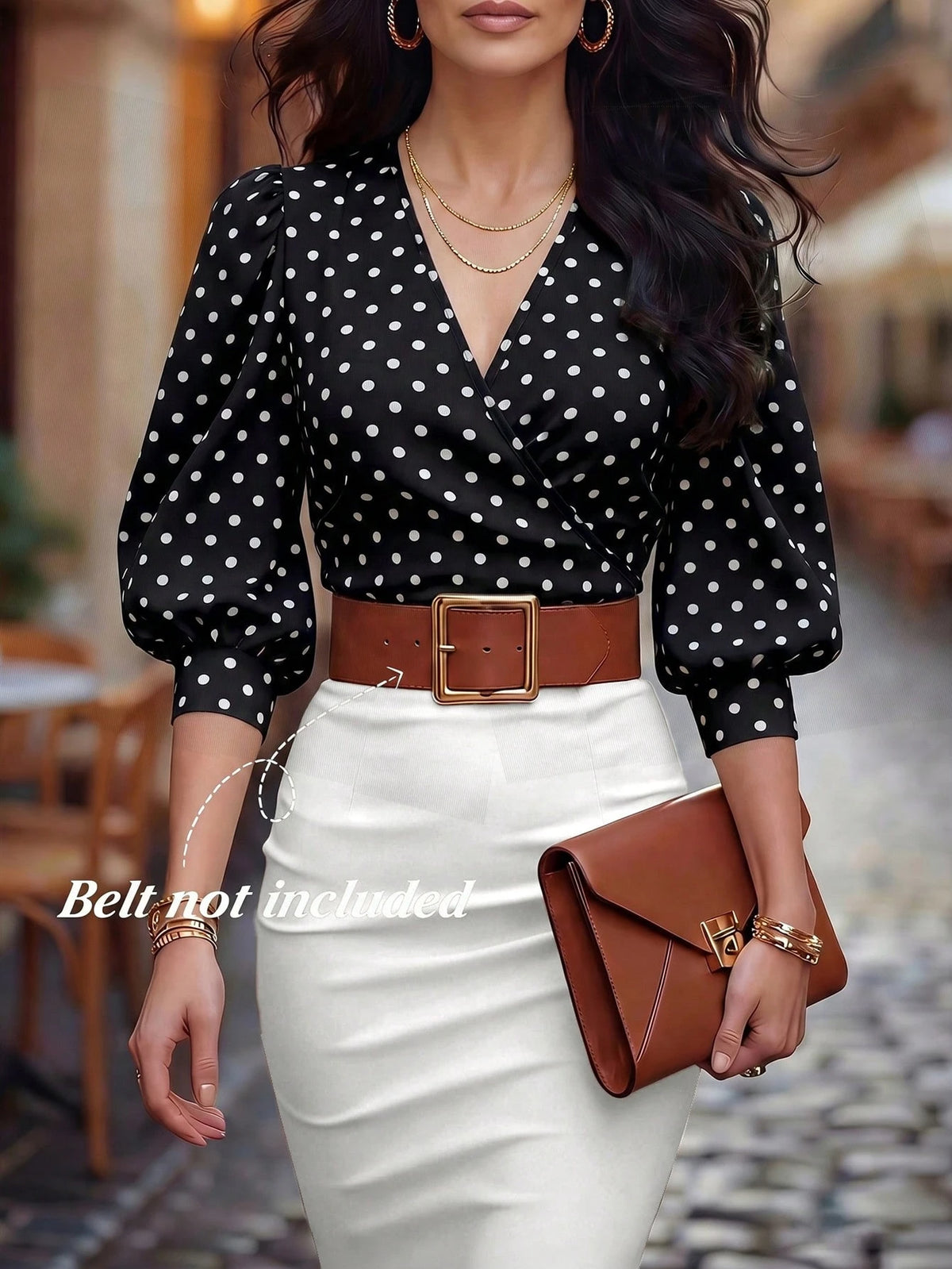 EMERY ROSE Spring/Summer New V-Neck Polka Dot Cross Puff Sleeve Waist Cinched Short Women Shirt