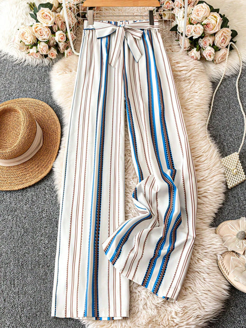 EMERY ROSE Striped Print Contrast Color Tie-Front Elegant Pants, Spring/Summer