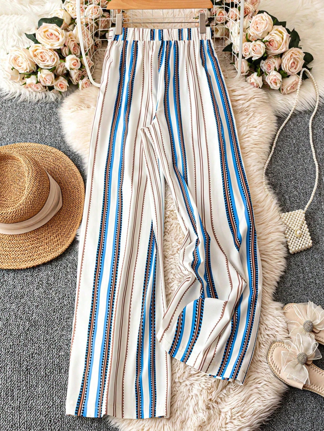 EMERY ROSE Striped Print Contrast Color Tie-Front Elegant Pants, Spring/Summer