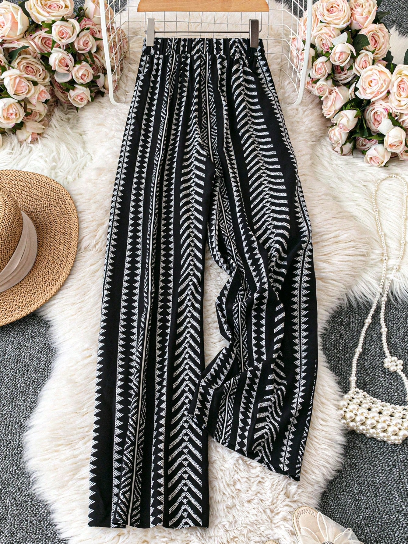 EMERY ROSE Striped Print Contrast Color Tie-Front Elegant Pants, Spring/Summer