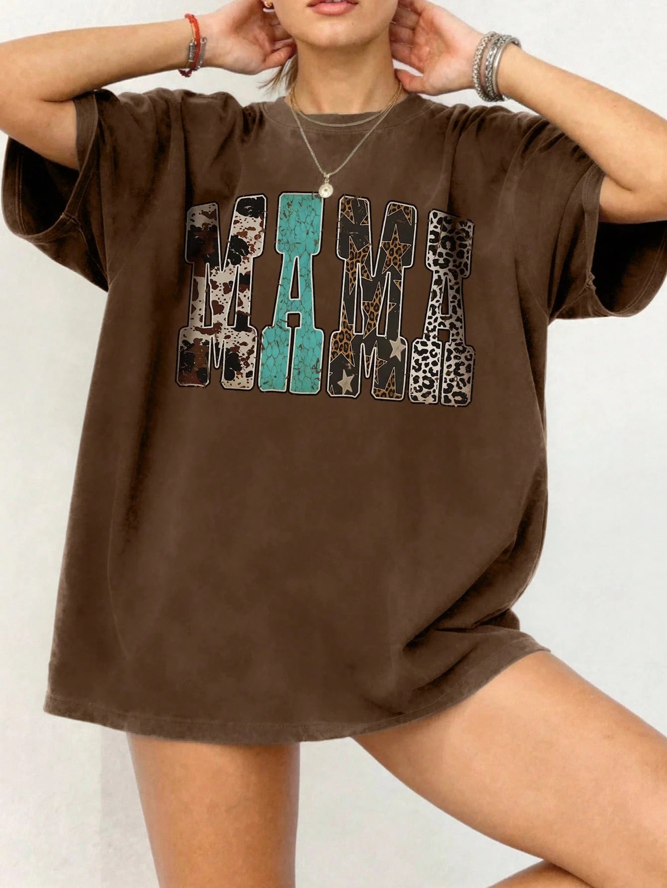 EMERY ROSE Western Wind Leopard Pattern Snake Pattern MAMA Printed Casual Plus Size T-Shirt