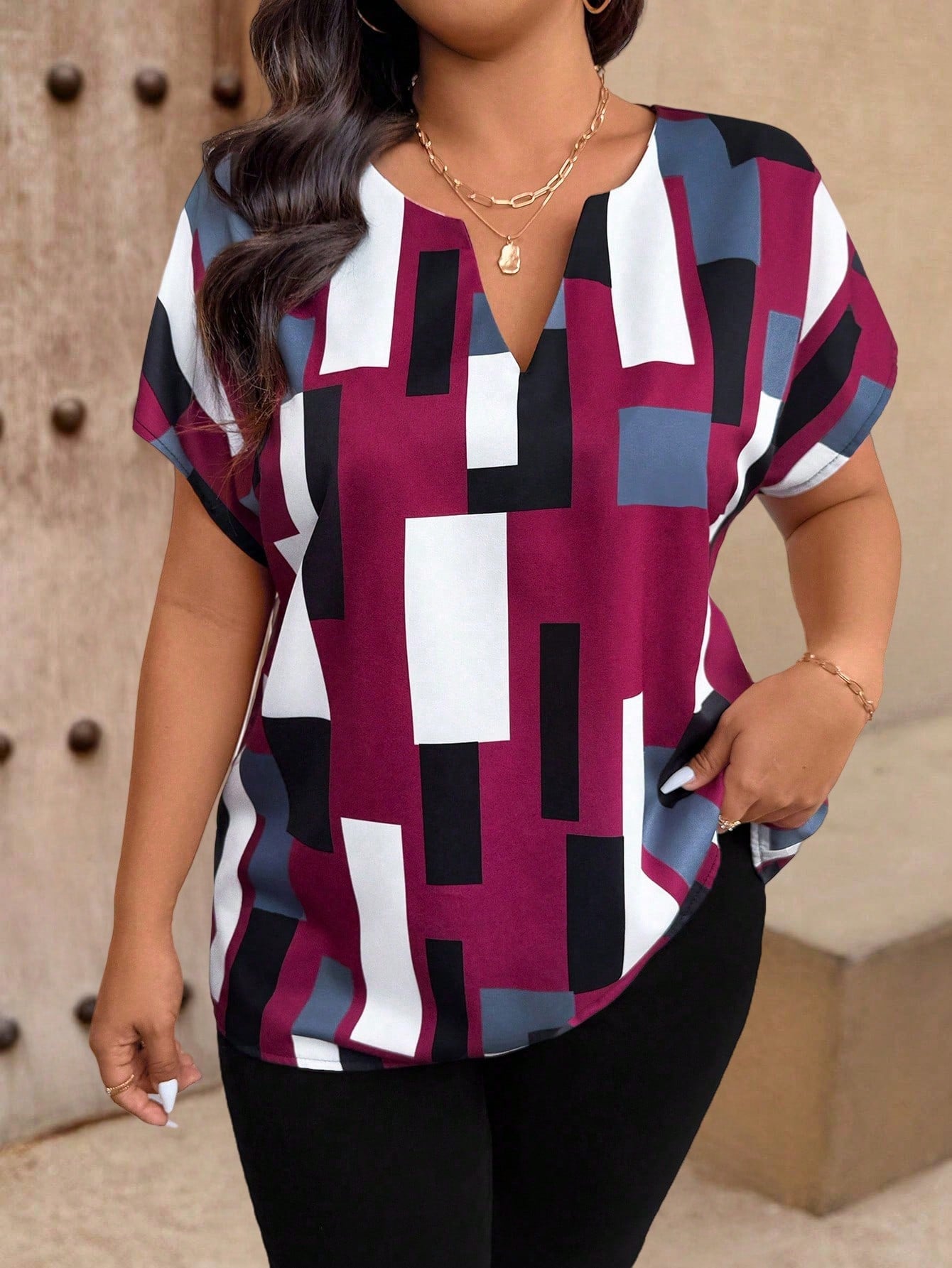 EMERY ROSE Women Plus Size Geometric Print Casual Short Sleeve Polo Shirt