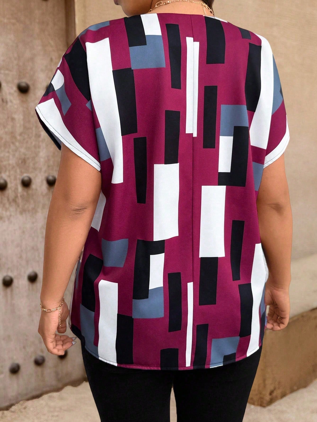 EMERY ROSE Women Plus Size Geometric Print Casual Short Sleeve Polo Shirt