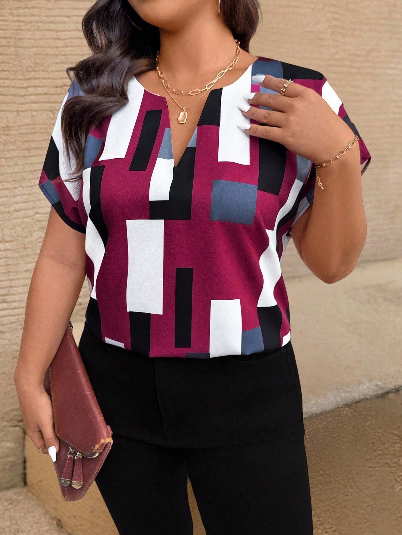 EMERY ROSE Women Plus Size Geometric Print Casual Short Sleeve Polo Shirt