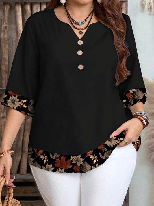 EMERY ROSE Women's Casual Elegant Black Floral Leaf Print Boho Blouse,Autumn Family Vintage-Inspired 3/4 Sleeve Top For Spring/Summer Vacation Beach Outfits