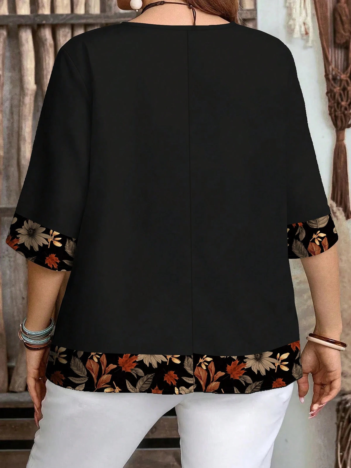 EMERY ROSE Women's Casual Elegant Black Floral Leaf Print Boho Blouse,Autumn Family Vintage-Inspired 3/4 Sleeve Top For Spring/Summer Vacation Beach Outfits