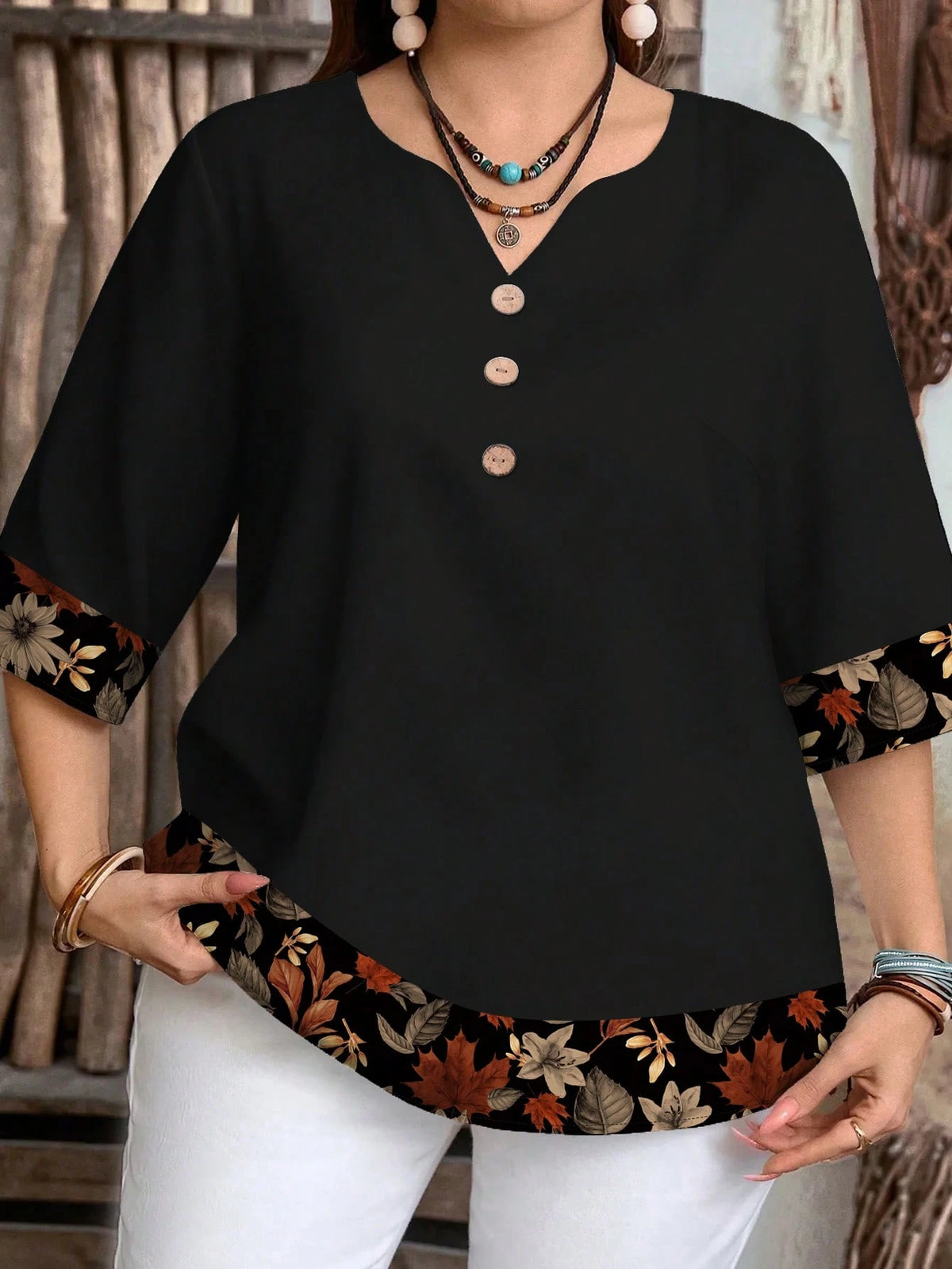EMERY ROSE Women's Casual Elegant Black Floral Leaf Print Boho Blouse,Autumn Family Vintage-Inspired 3/4 Sleeve Top For Spring/Summer Vacation Beach Outfits