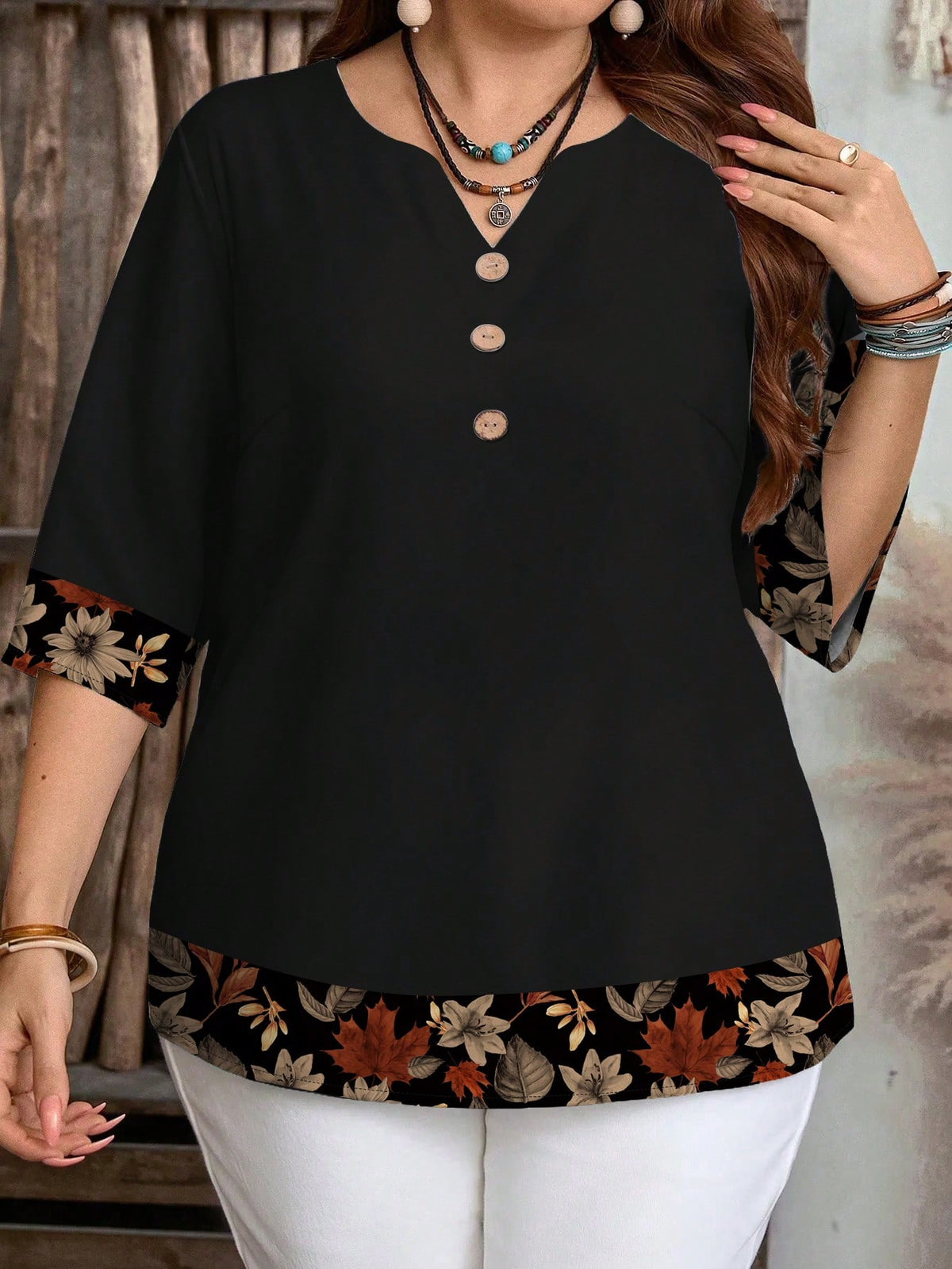 EMERY ROSE Women's Casual Elegant Black Floral Leaf Print Boho Blouse,Autumn Family Vintage-Inspired 3/4 Sleeve Top For Spring/Summer Vacation Beach Outfits