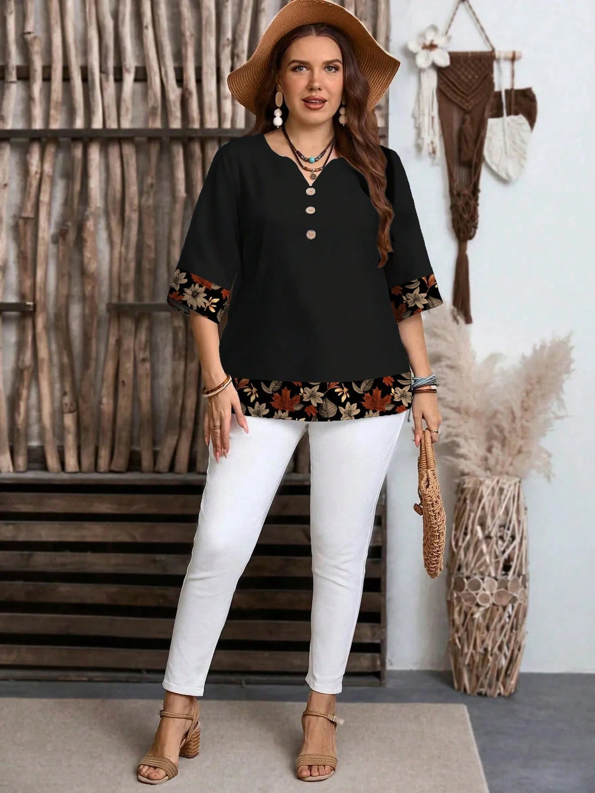 EMERY ROSE Women's Casual Elegant Black Floral Leaf Print Boho Blouse,Autumn Family Vintage-Inspired 3/4 Sleeve Top For Spring/Summer Vacation Beach Outfits