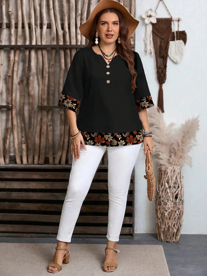 EMERY ROSE Women's Casual Elegant Black Floral Leaf Print Boho Blouse,Autumn Family Vintage-Inspired 3/4 Sleeve Top For Spring/Summer Vacation Beach Outfits