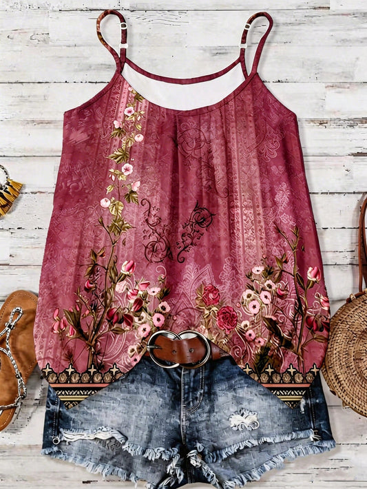 EMERY ROSE Women's Clothing Featuring Elegant Patterns. The Design Incorporates Pink Floral Motifs, Which Are Applied To A Summer-Style Vest-Style T-Shirt.